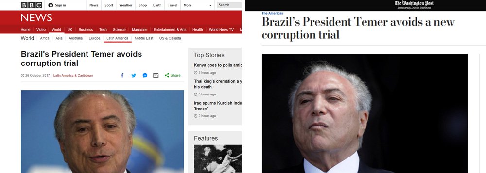 Resultado da votação da Câmara que arquivou a segunda denúncia contra Michel Temer provocou uma reação de espanto na mídia internacional. Veículos de comunicação de diversos países repercutirem a votação afirmando que Temer se safou" apesar da impopularidade "abismal", além de "negociações frenéticas" e diretas para cooptar parlamentares por meio de emendas e cargos; segundo o inglês The Guardian, "o presidente impopular do Brasil evitou julgamento por corrupção" apesar de ostentar " taxas de aprovação abismais", sendo reprovado por mais de 90% da população; para o espanhol El País, as acusações contra o peemedebista "dão um livro" (Foto: Paulo Emílio) Resultado da votação da Câmara que arquivou a segunda denúncia contra Michel Temer provocou uma reação de espanto na mídia internacional. Veículos de comunicação de diversos países repercutirem a votação afirmando que Temer se safou" apesar da impopularidade "abismal", além de "negociações frenéticas" e diretas para cooptar parlamentares por meio de emendas e cargos; segundo o inglês The Guardian, "o presidente impopular do Brasil evitou julgamento por corrupção" apesar de ostentar " taxas de aprovação abismais", sendo reprovado por mais de 90% da população; para o espanhol El País, as acusações contra o peemedebista "dão um livro"