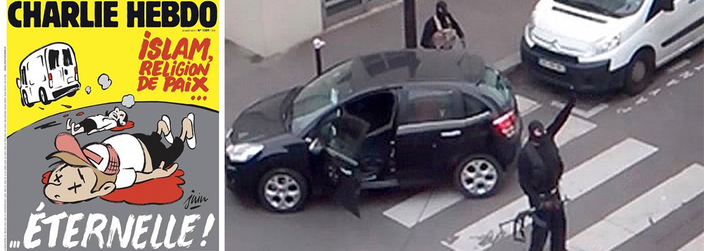Semanário satírico francês Charlie Hebdo publicou nesta quarta-feira (23) uma controvertida capa sobre o Islã, dias depois dos atentados extremistas na Espanha; na charge se vê um van se afastar atropelando pessoas, que estão caídas ao chão. Em vermelho, está escrita a frase: "Islã, religião da paz... eterna!"; Charlie Hebdo - que perdeu em 2015 vários de seus jornalistas e chargistas quando 12 pessoas foram assassinadas na sede da publicação (Foto: Aquiles Lins) Semanário satírico francês Charlie Hebdo publicou nesta quarta-feira (23) uma controvertida capa sobre o Islã, dias depois dos atentados extremistas na Espanha; na charge se vê um van se afastar atropelando pessoas, que estão caídas ao chão. Em vermelho, está escrita a frase: "Islã, religião da paz... eterna!"; Charlie Hebdo - que perdeu em 2015 vários de seus jornalistas e chargistas quando 12 pessoas foram assassinadas na sede da publicação