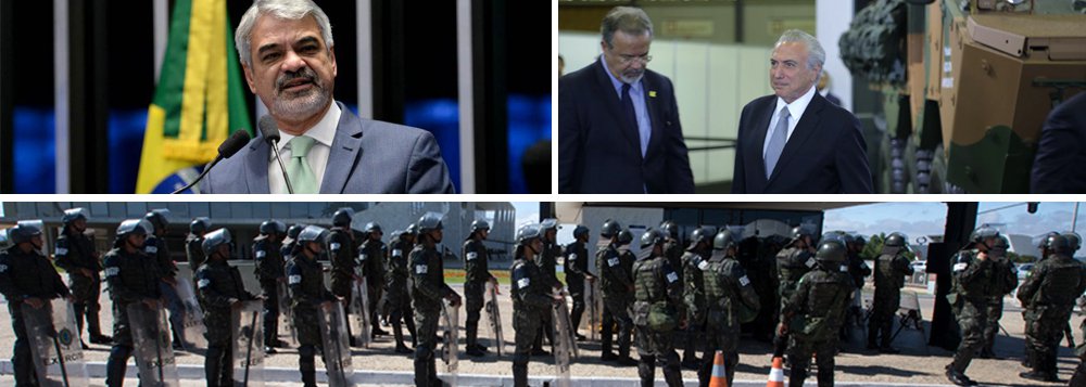 Líder da Oposição no Senado, Humberto Costa (PT-PE), considerou desastrosa a ação de Garantia da Lei e da Ordem (GLO) decretada por Michel Temer em Brasília e revogada menos de 12 horas depois; "Foi um erro colossal, que denunciamos desde a primeira hora, estabelecer um estado de exceção em Brasília por conta de uma manifestação contra o governo. Temer se mostrou um tresloucado e seu ministro da Defesa, Raul Jungmann (PPS-PE), um completo irresponsável", disparou; "Temer, mal assessorado por Jungmann, foi protagonista de mais um episódio patético. Seu governo é uma espécie de elenco de Os Trapalhões. Jungmann nunca teve atributo nem para chefe de Guarda Municipal, imagine para ministro da Defesa", ironizou (Foto: Paulo Emílio) Líder da Oposição no Senado, Humberto Costa (PT-PE), considerou desastrosa a ação de Garantia da Lei e da Ordem (GLO) decretada por Michel Temer em Brasília e revogada menos de 12 horas depois; "Foi um erro colossal, que denunciamos desde a primeira hora, estabelecer um estado de exceção em Brasília por conta de uma manifestação contra o governo. Temer se mostrou um tresloucado e seu ministro da Defesa, Raul Jungmann (PPS-PE), um completo irresponsável", disparou; "Temer, mal assessorado por Jungmann, foi protagonista de mais um episódio patético. Seu governo é uma espécie de elenco de Os Trapalhões. Jungmann nunca teve atributo nem para chefe de Guarda Municipal, imagine para ministro da Defesa", ironizou