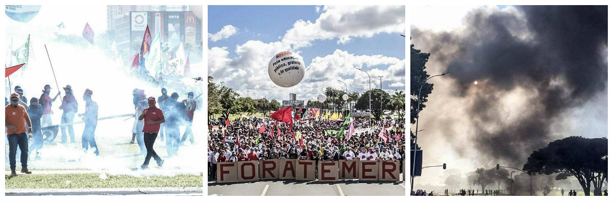 Em Brasília, participando das manifestações de hoje, o presidente do PT Ceará, Fco. de Assis Diniz, fez postagens nas redes sociais, denunciando a violência contra os manifestantes. "Golpista FDP, covardia o que estão fazendo com uma manifestação pacifica de jovens, mulheres. Só falta o golpe militar agora, presidente sem legitimidade colocando exercito na rua contra o povo. Resistência e luta", publicou juntamente com várias fotos da ação policial. A repressão do Choque da Polícia Militar do DF acirrou os ânimos. Prédios de ministérios foram alvo dos manifestantes, com vidraças quebradas e frases pintadas nas paredes contra Temer. No final da tarde, o governo convocou o Exército para reprimir a manifestação, aumentando ainda mais o clima de tensão em Brasília (Foto: Fatima 247) Em Brasília, participando das manifestações de hoje, o presidente do PT Ceará, Fco. de Assis Diniz, fez postagens nas redes sociais, denunciando a violência contra os manifestantes. "Golpista FDP, covardia o que estão fazendo com uma manifestação pacifica de jovens, mulheres. Só falta o golpe militar agora, presidente sem legitimidade colocando exercito na rua contra o povo. Resistência e luta", publicou juntamente com várias fotos da ação policial. A repressão do Choque da Polícia Militar do DF acirrou os ânimos. Prédios de ministérios foram alvo dos manifestantes, com vidraças quebradas e frases pintadas nas paredes contra Temer. No final da tarde, o governo convocou o Exército para reprimir a manifestação, aumentando ainda mais o clima de tensão em Brasília