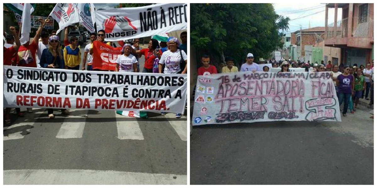 No interior do Ceará, em diversos municípios, manifestantes também foram às ruas contra a Reforma da Previdência, mostrando a revolta com a proposta do governo Temer que retira os direitos dos trabalhadores. Em todos os atos o "Fora Temer" se somou à luta contra essa reforma (Foto: Fatima 247) No interior do Ceará, em diversos municípios, manifestantes também foram às ruas contra a Reforma da Previdência, mostrando a revolta com a proposta do governo Temer que retira os direitos dos trabalhadores. Em todos os atos o "Fora Temer" se somou à luta contra essa reforma