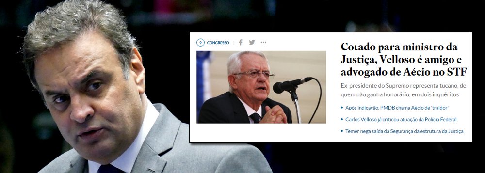 "Cotado para ministro da Justiça, Velloso é amigo e advogado de Aécio no STF", diz o título da reportagem do Estadão, que destaca que Carlos Velloso, que deve substituir Alexandre de Moraes no ministério da Justiça, "representa o tucano, de quem não ganha honorários, em dois inquéritos na Corte" (Foto: Gisele Federicce) "Cotado para ministro da Justiça, Velloso é amigo e advogado de Aécio no STF", diz o título da reportagem do Estadão, que destaca que Carlos Velloso, que deve substituir Alexandre de Moraes no ministério da Justiça, "representa o tucano, de quem não ganha honorários, em dois inquéritos na Corte"