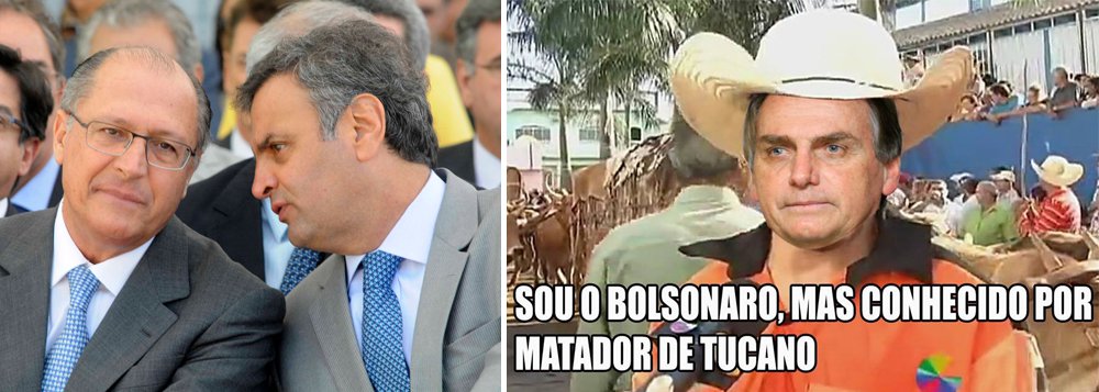 Deputado federal Jair Bolsonaro (PSC-RJ) divulgou nesta segunda-feira, 6, em uma lista de transmissão do Whatsapp, um meme em que ridiculariza a decadência eleitoral do PSDB, que assiste à sua cúpula se afogar em denúncias de corrupção; "Sou o Bolsonaro, mais conhecido como matador de tucano", diz o texto da montagem; pesquisa recente da CNT/MDA coloca Bolsonaro em segundo lugar na preferência do eleitor brasileiro para 2018, empatado com a ex-senadora Marina Silva (Rede); ex-presidente Lula lidera; perdido, PSDB já cogita lançar o prefeito de São Paulo, João Doria (Foto: Aquiles Lins) Deputado federal Jair Bolsonaro (PSC-RJ) divulgou nesta segunda-feira, 6, em uma lista de transmissão do Whatsapp, um meme em que ridiculariza a decadência eleitoral do PSDB, que assiste à sua cúpula se afogar em denúncias de corrupção; "Sou o Bolsonaro, mais conhecido como matador de tucano", diz o texto da montagem; pesquisa recente da CNT/MDA coloca Bolsonaro em segundo lugar na preferência do eleitor brasileiro para 2018, empatado com a ex-senadora Marina Silva (Rede); ex-presidente Lula lidera; perdido, PSDB já cogita lançar o prefeito de São Paulo, João Doria