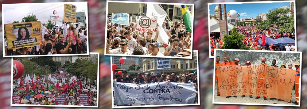 Diversas categorias paralisaram nesta quarta-feira 15, considerado Dia Nacional de Paralisações contra as reformas da Previdência e trabalhista, em quase todas as capitais e muitas cidades do interior; em alguns municípios, o transporte também parou; principais pontos contestados pelos manifestantes estão a idade mínima de 65 anos para homens e mulheres se aposentar, os 49 anos de contribuição para a aposentadoria integral, além de impactos negativos para os trabalhadoras rurais (Foto: Gisele Federicce) Diversas categorias paralisaram nesta quarta-feira 15, considerado Dia Nacional de Paralisações contra as reformas da Previdência e trabalhista, em quase todas as capitais e muitas cidades do interior; em alguns municípios, o transporte também parou; principais pontos contestados pelos manifestantes estão a idade mínima de 65 anos para homens e mulheres se aposentar, os 49 anos de contribuição para a aposentadoria integral, além de impactos negativos para os trabalhadoras rurais