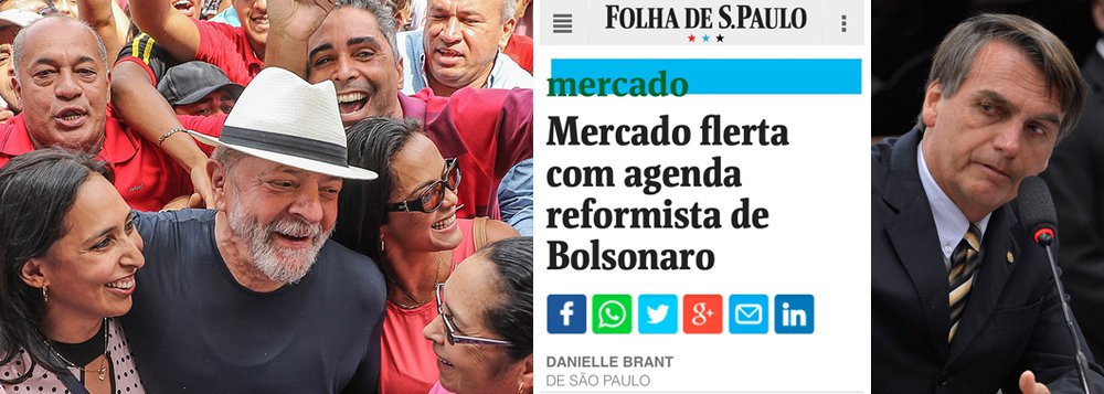 Embora o ex-presidente Lula tenha tirado o Brasil do colo do Fundo Monetário Internacional, acumulado mais de US$ 300 bilhões em reservas, feito o País alcançar o grau de investimento e governado no período de maior valorização dos ativos nas bolsas de valores, a Folha de S. Paulo tenta criar o mito de que ele seria uma força anticapitalista e reúne alguns gatos pingados para atribuir ao chamado "mercado" a tese de que até o deputado Jair Bolsonaro (PSC-RJ), um radical de extrema direita, poderia ser melhor; é mais um sinal de desespero, que aponta para uma imprensa perdida e desesperada diante da força de Lula (Foto: Leonardo Attuch) Embora o ex-presidente Lula tenha tirado o Brasil do colo do Fundo Monetário Internacional, acumulado mais de US$ 300 bilhões em reservas, feito o País alcançar o grau de investimento e governado no período de maior valorização dos ativos nas bolsas de valores, a Folha de S. Paulo tenta criar o mito de que ele seria uma força anticapitalista e reúne alguns gatos pingados para atribuir ao chamado "mercado" a tese de que até o deputado Jair Bolsonaro (PSC-RJ), um radical de extrema direita, poderia ser melhor; é mais um sinal de desespero, que aponta para uma imprensa perdida e desesperada diante da força de Lula