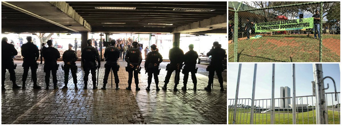 Prédio da Câmara dos Deputados foi cercado pela Polícia Militar, agentes da Força Nacional e da Polícia Legislativa, que tentam impedir a entrada de agentes penitenciários em protesto contra a votação da reforma da Previdência, que acontece na Comissão Especial da Casa; foi iniciada a evacuação; na semana passada, agentes penitenciários entraram no plenário da Comissão e conseguiram adiar a votação da proposta do governo Temer; Congresso Nacional amanheceu cercado de grades nesta terça; durante à tarde, manifestantes contrários às reformas tentaram invadir o prédio da Câmara (Foto: Gisele Federicce) Prédio da Câmara dos Deputados foi cercado pela Polícia Militar, agentes da Força Nacional e da Polícia Legislativa, que tentam impedir a entrada de agentes penitenciários em protesto contra a votação da reforma da Previdência, que acontece na Comissão Especial da Casa; foi iniciada a evacuação; na semana passada, agentes penitenciários entraram no plenário da Comissão e conseguiram adiar a votação da proposta do governo Temer; Congresso Nacional amanheceu cercado de grades nesta terça; durante à tarde, manifestantes contrários às reformas tentaram invadir o prédio da Câmara