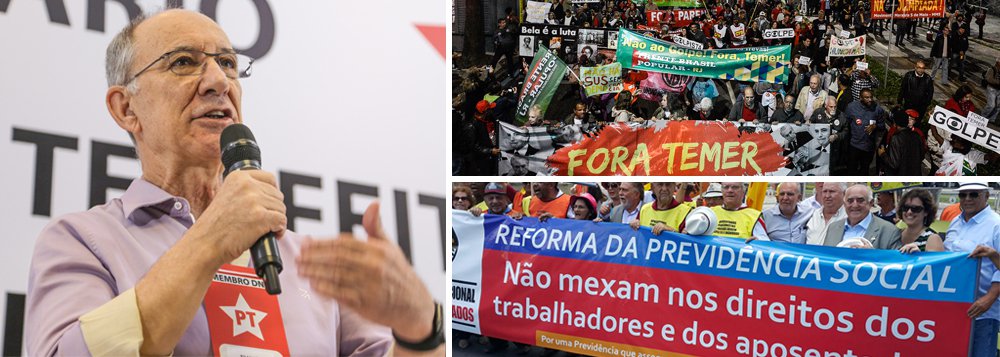 Presidente do PT destaca o baixo apoio dos deputados à aprovação da reforma da Previdência, a dissidência dentro do PMDB sobre o tema, o posicionamento da OIT (Organização Internacional do Trabalho) em defesa de que a lei deve ter mais valor do que as negociações entre trabalhadores e empresários e conclama todos a "parar o Brasil para derrotar Michel Temer"; "Barrar o ataque aos direitos e reconquistar a democracia exige o crescimento das denúncias, protestos e mobilizações. O PT, que tem combatido o governo usurpador e suas "reformas" antipopulares, apoia a greve geral convocada pelas centrais sindicais e Frentes para o dia 28 de abril. Vamos parar o Brasil para derrotar Temer e seus associados", diz ele (Foto: Gisele Federicce) Presidente do PT destaca o baixo apoio dos deputados à aprovação da reforma da Previdência, a dissidência dentro do PMDB sobre o tema, o posicionamento da OIT (Organização Internacional do Trabalho) em defesa de que a lei deve ter mais valor do que as negociações entre trabalhadores e empresários e conclama todos a "parar o Brasil para derrotar Michel Temer"; "Barrar o ataque aos direitos e reconquistar a democracia exige o crescimento das denúncias, protestos e mobilizações. O PT, que tem combatido o governo usurpador e suas "reformas" antipopulares, apoia a greve geral convocada pelas centrais sindicais e Frentes para o dia 28 de abril. Vamos parar o Brasil para derrotar Temer e seus associados", diz ele
