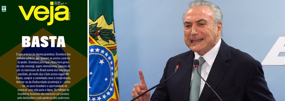 Michel Temer, rejeitado por 92% dos brasileiros, perdeu mais um de seus pilares de sustentação; depois da Globo, que pediu, em editorial, a sua renúncia, a revista Veja, da Editora Abril, também exigiu um basta; ainda que não tenha publicado a foto de Temer, nem a de Aécio Neves, outro aliado que caiu em desgraça, a capa de Veja significa também um pedido de renúncia; na mensagem de capa, a revista pede "grandeza" dos homens públicos para que coloquem os interesses nacionais acima de seus interesses nacionais; Temer só não renunciou até agora porque precisa do foro privilegiado para se proteger das acusações de corrupção e obstrução judicial; golpismo desmorona em praça pública (Foto: Leonardo Attuch) Michel Temer, rejeitado por 92% dos brasileiros, perdeu mais um de seus pilares de sustentação; depois da Globo, que pediu, em editorial, a sua renúncia, a revista Veja, da Editora Abril, também exigiu um basta; ainda que não tenha publicado a foto de Temer, nem a de Aécio Neves, outro aliado que caiu em desgraça, a capa de Veja significa também um pedido de renúncia; na mensagem de capa, a revista pede "grandeza" dos homens públicos para que coloquem os interesses nacionais acima de seus interesses nacionais; Temer só não renunciou até agora porque precisa do foro privilegiado para se proteger das acusações de corrupção e obstrução judicial; golpismo desmorona em praça pública