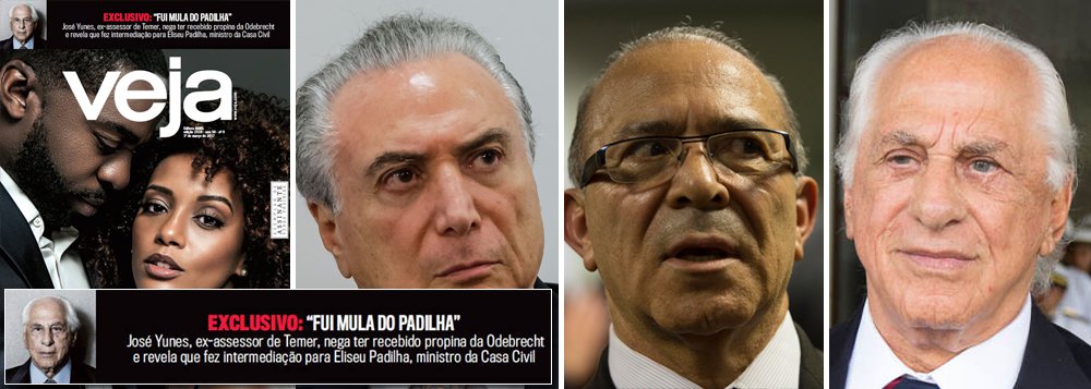 O empresário José Yunes, melhor amigo e parceiro de Michel Temer, decidiu delatar Eliseu Padilha, ministro da Casa Civil; em entrevista à revista Veja ele usou uma expressão típica do tráfico de drogas e disse que "foi mula" de Padilha; Yunes, que era assessor especial da presidência da República, foi delatado pela Odebrecht por receber R$ 4 milhões em seu escritório; com a entrevista deste fim de semana, ele tenta limpar a sua barra e joga a bomba no colo de Padilha, que se torna insustentável no comando da Casa Civil; mula é aquele que, conscientemente ou não, transporta drogas para outra pessoa; antes de delatar Padilha, Yunes visitou Temer no Planalto (Foto: Leonardo Attuch) O empresário José Yunes, melhor amigo e parceiro de Michel Temer, decidiu delatar Eliseu Padilha, ministro da Casa Civil; em entrevista à revista Veja ele usou uma expressão típica do tráfico de drogas e disse que "foi mula" de Padilha; Yunes, que era assessor especial da presidência da República, foi delatado pela Odebrecht por receber R$ 4 milhões em seu escritório; com a entrevista deste fim de semana, ele tenta limpar a sua barra e joga a bomba no colo de Padilha, que se torna insustentável no comando da Casa Civil; mula é aquele que, conscientemente ou não, transporta drogas para outra pessoa; antes de delatar Padilha, Yunes visitou Temer no Planalto