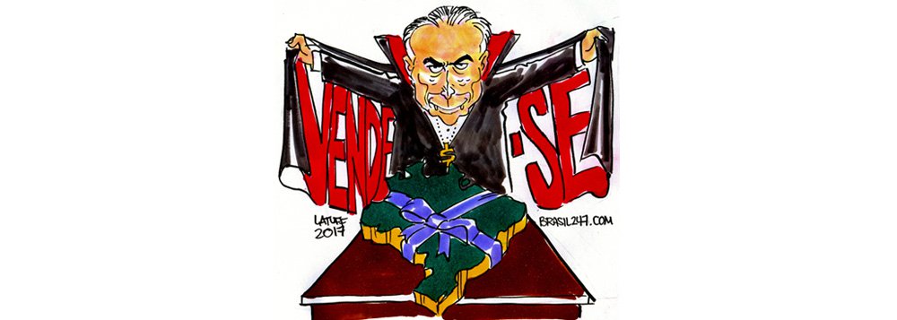 Na charge de Carlos Latuff, o novo programa de privatizações de Temer, que, mesmo sem voto, coloca o Brasil a venda e inclui no pacote até a Casa da Moeda; depois da Eletrobras, o governo anunciou nesta quarta-feira a privatização ainda da Lotex, além de colocar em leilão o aeroporto de Congonhas (SP) e uma série de outros projetos de infraestrutura
(Foto: Gisele Federicce)
Na charge de Carlos Latuff, o novo programa de privatizações de Temer, que, mesmo sem voto, coloca o Brasil a venda e inclui no pacote até a Casa da Moeda; depois da Eletrobras, o governo anunciou nesta quarta-feira a privatização ainda da Lotex, além de colocar em leilão o aeroporto de Congonhas (SP) e uma série de outros projetos de infraestrutura