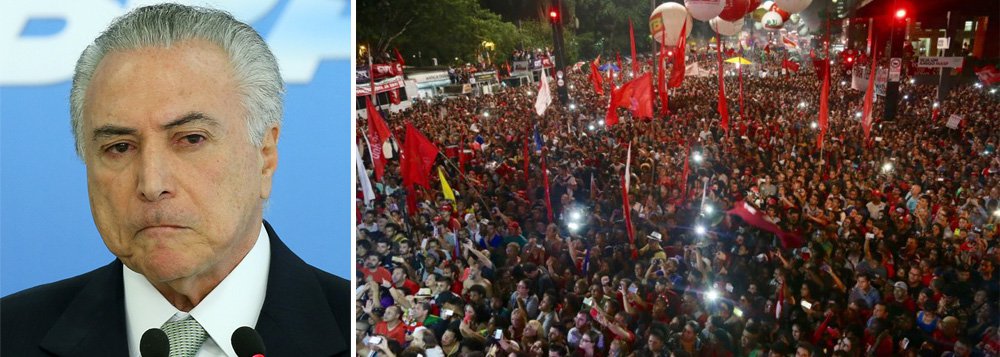 No dia em que mais de 1 milhão de brasileiros protestaram contra o fim das aposentadorias, numa reforma conduzida por um governo ilegítimo e com seis ministros na "lista de Janot", Michel Temer falou em endurecer o discurso; "O governo não abriu negociação. A orientação é para afinar o discurso e o discurso é o do governo, de manter a proposta como está", disse uma fonte palaciana à Agência Reuters; Temer também decidiu mudar sua campanha publicitária, depois que uma decisão judicial o obrigou a retirar do ar propagandas enganosas sobre o tema (Foto: Leonardo Attuch) No dia em que mais de 1 milhão de brasileiros protestaram contra o fim das aposentadorias, numa reforma conduzida por um governo ilegítimo e com seis ministros na "lista de Janot", Michel Temer falou em endurecer o discurso; "O governo não abriu negociação. A orientação é para afinar o discurso e o discurso é o do governo, de manter a proposta como está", disse uma fonte palaciana à Agência Reuters; Temer também decidiu mudar sua campanha publicitária, depois que uma decisão judicial o obrigou a retirar do ar propagandas enganosas sobre o tema