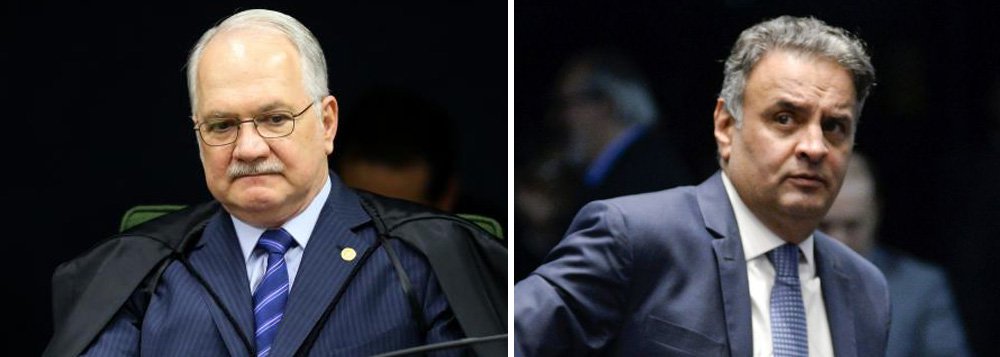 O ministro Edson Fachin deixou a cargo da presidente do STF, ministra Cármen Lúcia, a decisão sobre a redistribuição do pedido feito nesta segunda-feira 2 pelo senador Aécio Neves (PSDB-MG) de suspensão de seu afastamento do mandato; Fachin, um dos cinco ministros da Segunda Turma do STF, foi sorteado relator do pedido de Aécio, que pede a suspensão de seu afastamento; poucas horas após o sorteio, porém, a defesa do tucano pediu que o mandado de segurança fosse redistribuído na corte (Foto: Gisele Federicce) O ministro Edson Fachin deixou a cargo da presidente do STF, ministra Cármen Lúcia, a decisão sobre a redistribuição do pedido feito nesta segunda-feira 2 pelo senador Aécio Neves (PSDB-MG) de suspensão de seu afastamento do mandato; Fachin, um dos cinco ministros da Segunda Turma do STF, foi sorteado relator do pedido de Aécio, que pede a suspensão de seu afastamento; poucas horas após o sorteio, porém, a defesa do tucano pediu que o mandado de segurança fosse redistribuído na corte