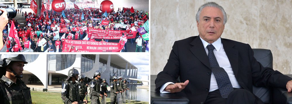 Marcha promovida pelas centrais sindicais e movimentos sociais, em Brasília, "a maior da história", na avaliação da CUT, mostrou que o presidente Michel Temer "não tem como governar, tem de sair". Em nota, a executiva da entidade afirmou que as forças de segurança do Distrito Federal agiram de forma "truculenta", atacando manifestantes que estavam lá pacificamente; Para o presidente da central, Vagner Freitas, Temer "mais uma vez mostra que é fraco e covarde", tanto que "correu para se esconder atrás das Forças Armadas"; CUT estimou em 200 mil o número de manifestantes contra as reformas trabalhista e da Previdência e por eleições diretas (Foto: Paulo Emílio) Marcha promovida pelas centrais sindicais e movimentos sociais, em Brasília, "a maior da história", na avaliação da CUT, mostrou que o presidente Michel Temer "não tem como governar, tem de sair". Em nota, a executiva da entidade afirmou que as forças de segurança do Distrito Federal agiram de forma "truculenta", atacando manifestantes que estavam lá pacificamente; Para o presidente da central, Vagner Freitas, Temer "mais uma vez mostra que é fraco e covarde", tanto que "correu para se esconder atrás das Forças Armadas"; CUT estimou em 200 mil o número de manifestantes contra as reformas trabalhista e da Previdência e por eleições diretas