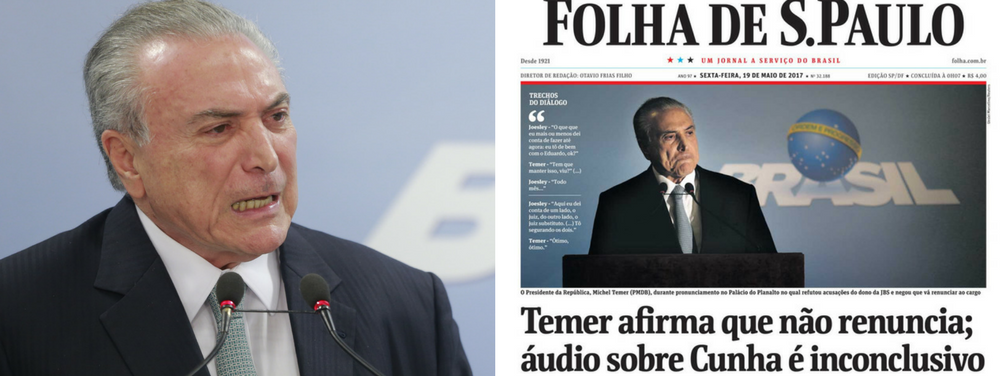 Folha de S.Paulo tenta jogar boia de salvação a um golpista rejeitado por 90% dos brasileiros e se distancia ainda mais de seus leitores; em sua manchete desta sexta, o jornal da família Frias classifica como "inconclusivo" o áudio em que Temer escuta calmamente relatos sobre uma série de crimes, avaliza o pagamento de propina pelo silêncio de Eduardo Cunha na cadeia e ainda vaza a queda da taxa Selic para empresário Joesley Batista; como se não bastasse, a gravação mostra ainda claramente que Temer indicou um aliado próximo, o deputado Rodrigo Rocha Loures, para lidar com Joesley; Rocha Loures foi flagrado pela PF com malas de dinheiro (Foto: Giuliana Miranda) Folha de S.Paulo tenta jogar boia de salvação a um golpista rejeitado por 90% dos brasileiros e se distancia ainda mais de seus leitores; em sua manchete desta sexta, o jornal da família Frias classifica como "inconclusivo" o áudio em que Temer escuta calmamente relatos sobre uma série de crimes, avaliza o pagamento de propina pelo silêncio de Eduardo Cunha na cadeia e ainda vaza a queda da taxa Selic para empresário Joesley Batista; como se não bastasse, a gravação mostra ainda claramente que Temer indicou um aliado próximo, o deputado Rodrigo Rocha Loures, para lidar com Joesley; Rocha Loures foi flagrado pela PF com malas de dinheiro