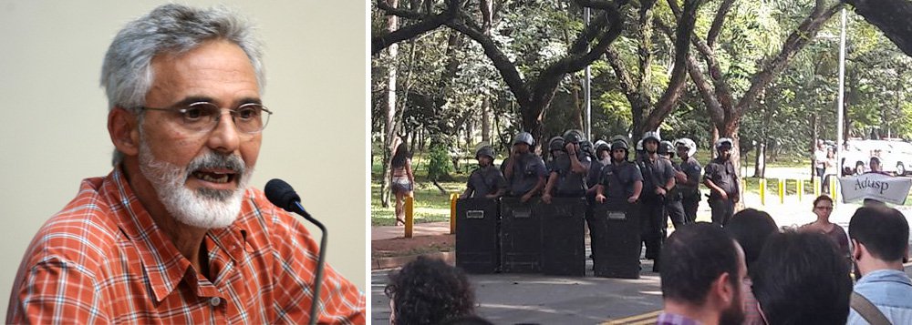Devido à falta de investimentos e à política elitista na Universidade de São Paulo (USP) e, agora, à tentativa promovida pela atual gestão da universidade de impor limite para os gastos com pessoal, a Associação dos Docentes da Universidade de São Paulo (Adusp) pediu a saída do reitor Marco Antonio Zago; situação se acirrou ainda mais depois que manifestações contra a implementação do teto de gastos foi duramente reprimida pela Polícia Militar (PM), na semana passada; "Quer tornar a USP cada vez mais elitista, esse é o objetivo", diz o presidente da Adusp, Cesar Augusto Minto (Foto: Aquiles Lins) Devido à falta de investimentos e à política elitista na Universidade de São Paulo (USP) e, agora, à tentativa promovida pela atual gestão da universidade de impor limite para os gastos com pessoal, a Associação dos Docentes da Universidade de São Paulo (Adusp) pediu a saída do reitor Marco Antonio Zago; situação se acirrou ainda mais depois que manifestações contra a implementação do teto de gastos foi duramente reprimida pela Polícia Militar (PM), na semana passada; "Quer tornar a USP cada vez mais elitista, esse é o objetivo", diz o presidente da Adusp, Cesar Augusto Minto