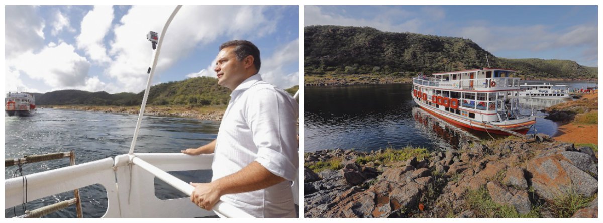 Durante a viagem pelas águas do São Francisco, o governador Renan Filho afirmou que é necessário um esforço conjunto no sentido de revitalizar o Velho Chico; ele ainda alertou que a vazão do Rio encontra-se em seu menor patamar histórico, abaixo de 600 metros cúbicos por segundo; ato em defesa do São Francisco será concluído com um encontro na cidade alagoana de Penedo entre os governadores de Pernambuco, Paulo Câmara; de Sergipe, Jackson Barreto; e da Bahia, Rui Costa (Foto: Voney Malta) Durante a viagem pelas águas do São Francisco, o governador Renan Filho afirmou que é necessário um esforço conjunto no sentido de revitalizar o Velho Chico; ele ainda alertou que a vazão do Rio encontra-se em seu menor patamar histórico, abaixo de 600 metros cúbicos por segundo; ato em defesa do São Francisco será concluído com um encontro na cidade alagoana de Penedo entre os governadores de Pernambuco, Paulo Câmara; de Sergipe, Jackson Barreto; e da Bahia, Rui Costa