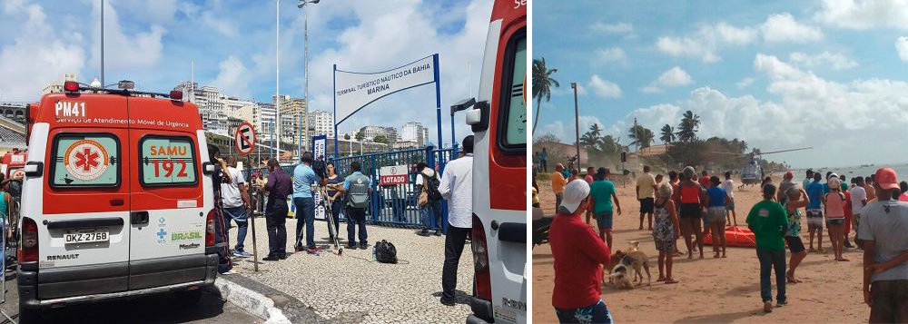 A Marinha revisou para 18 o número de mortos em naufrágio ocorrido nesta quinta-feira 24 em Salvador; a Capitania trabalhava com a hipótese de 23 vítimas no acidente acontecido na região de Vera Cruz; até o momento, mais de 80 pessoas já foram resgatadas - a embarcação, com capacidade para 160 passageiros, levava 129 pessoas e mais 4 tripulante (Foto: Paulo Emílio) A Marinha revisou para 18 o número de mortos em naufrágio ocorrido nesta quinta-feira 24 em Salvador; a Capitania trabalhava com a hipótese de 23 vítimas no acidente acontecido na região de Vera Cruz; até o momento, mais de 80 pessoas já foram resgatadas - a embarcação, com capacidade para 160 passageiros, levava 129 pessoas e mais 4 tripulante