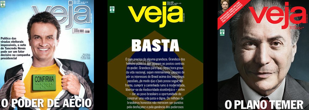 Na semana em que o golpe Temer-Aécio chegou ao fim, pela força das estarrecedoras revelações da JBS, a revista Veja pediu "grandeza" dos homens públicos, mas não teve a grandeza de estampar em sua capa as imagens dos personagens que caíram em desgraça: o senador afastado Aécio Neves, apoiado escancaradamente por Veja em 2014, e Michel Temer, que a revista ajudou a instalar no poder com o golpe de 2016; assim como a Globo, Veja passou a defender a renúncia de Temer, mas também deve trabalhar por eleições indiretas, pelo medo de que Lula se torne presidente da República já em 2017 (Foto: Ana Pupulin) Na semana em que o golpe Temer-Aécio chegou ao fim, pela força das estarrecedoras revelações da JBS, a revista Veja pediu "grandeza" dos homens públicos, mas não teve a grandeza de estampar em sua capa as imagens dos personagens que caíram em desgraça: o senador afastado Aécio Neves, apoiado escancaradamente por Veja em 2014, e Michel Temer, que a revista ajudou a instalar no poder com o golpe de 2016; assim como a Globo, Veja passou a defender a renúncia de Temer, mas também deve trabalhar por eleições indiretas, pelo medo de que Lula se torne presidente da República já em 2017