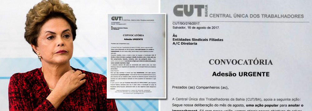 A Central Única dos Trabalhadores está convocando seus manifestantes para aderirem ao movimento que pede a anulação do golpe jurídico-parlamentar que destituiu a presidente legitimamente eleita Dilma Rousseff; A CUT pretende propor uma ação popular; "A ação popular tem por finalidade anulação do impeachment, pelo Supremo Tribunal Federal, bastando para isso seis votos a recondução ao cargo da presidente Dilma Rousseff, desfazendo todos os gastos ilegítimos deste desgoverno impostor", diz a CUT, que destaca a "soberania do povo" garantida pela Constituição de 1988 (Foto: Giuliana Miranda) A Central Única dos Trabalhadores está convocando seus manifestantes para aderirem ao movimento que pede a anulação do golpe jurídico-parlamentar que destituiu a presidente legitimamente eleita Dilma Rousseff; A CUT pretende propor uma ação popular; "A ação popular tem por finalidade anulação do impeachment, pelo Supremo Tribunal Federal, bastando para isso seis votos a recondução ao cargo da presidente Dilma Rousseff, desfazendo todos os gastos ilegítimos deste desgoverno impostor", diz a CUT, que destaca a "soberania do povo" garantida pela Constituição de 1988