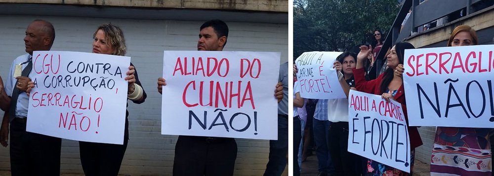 Servidores do órgão anticorrupção lembram em protesto que o ex-ministro da Justiça Osmar Serraglio, que foi convidado por Michel Temer para assumir o ministério da Transparência, Fiscalização e Controladoria-Geral da União (CGU), é aliado de Eduardo Cunha e foi citado em grampo da Operação Carne Fraca; "Aqui ministro suspeito não entra, a CGU não se presta a esse papel", diz manifestante; assista ao vídeo (Foto: Gisele Federicce) Servidores do órgão anticorrupção lembram em protesto que o ex-ministro da Justiça Osmar Serraglio, que foi convidado por Michel Temer para assumir o ministério da Transparência, Fiscalização e Controladoria-Geral da União (CGU), é aliado de Eduardo Cunha e foi citado em grampo da Operação Carne Fraca; "Aqui ministro suspeito não entra, a CGU não se presta a esse papel", diz manifestante; assista ao vídeo