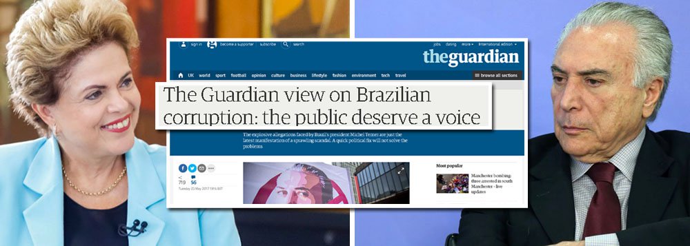 Mais respeitado jornal britânico, The Guardian publicou editorial nesta quarta-feira, 24, em que defende a saída de Michel Temer e a realização de eleições diretas para seu substituto; diário atesta que a política brasileira está completamente desacreditada e destaca o golpe contra a presidente eleita Dilma Rousseff; “As revelações que surgiram desde que Dilma Rousseff foi forçada a sair no ano passado destacaram a hipocrisia daqueles que a derrubaram”, aponta o jornal; “Os políticos brasileiros derrubaram o país: deveriam deixar que os 143 milhões de eleitores tivessem uma palavra a dizer sobre como sair dela”, opina o Guardian (Foto: Aquiles Lins) Mais respeitado jornal britânico, The Guardian publicou editorial nesta quarta-feira, 24, em que defende a saída de Michel Temer e a realização de eleições diretas para seu substituto; diário atesta que a política brasileira está completamente desacreditada e destaca o golpe contra a presidente eleita Dilma Rousseff; “As revelações que surgiram desde que Dilma Rousseff foi forçada a sair no ano passado destacaram a hipocrisia daqueles que a derrubaram”, aponta o jornal; “Os políticos brasileiros derrubaram o país: deveriam deixar que os 143 milhões de eleitores tivessem uma palavra a dizer sobre como sair dela”, opina o Guardian