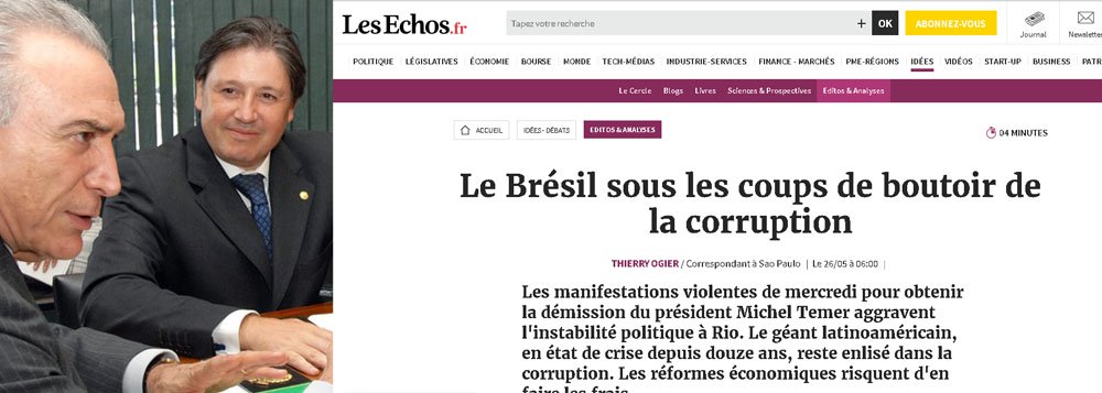 Matéria de capa do jornal francês Les Echos, assinada pelo correspondente Thierry Ogier, destaca a atual crise política brasileira e os protestos da última quarta-feira (24) que abalaram o governo Michel Temer; segundo o texto, "os 200 milhões de brasileiros estão "cansados de escândalos de corrupção e têm a impressão de ver um filme ruim, sempre com os mesmos efeitos especiais"; matéria cita que Dilma Roussef, foi "formalmente deposta pela manipulação das finanças públicas no ano passado" e destaca que "Michel Temer, que a sucedeu após uma crise esgotante de "impeachment", está sob investigação do Supremo Tribunal Federal (STF)"; matéria também cita que as reformas estruturais apregoadas por Temer estão ameaçadas diante da nova crise política (Foto: Paulo Emílio) Matéria de capa do jornal francês Les Echos, assinada pelo correspondente Thierry Ogier, destaca a atual crise política brasileira e os protestos da última quarta-feira (24) que abalaram o governo Michel Temer; segundo o texto, "os 200 milhões de brasileiros estão "cansados de escândalos de corrupção e têm a impressão de ver um filme ruim, sempre com os mesmos efeitos especiais"; matéria cita que Dilma Roussef, foi "formalmente deposta pela manipulação das finanças públicas no ano passado" e destaca que "Michel Temer, que a sucedeu após uma crise esgotante de "impeachment", está sob investigação do Supremo Tribunal Federal (STF)"; matéria também cita que as reformas estruturais apregoadas por Temer estão ameaçadas diante da nova crise política