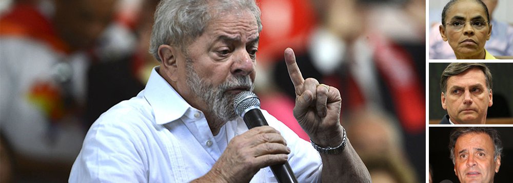 Perseguição judicial, que ficou escancarada com a decisão de ontem do Supremo Tribunal Federal, não foi suficiente para derrubar o ex-presidente Luiz Inácio Lula da Silva; pesquisa CNT/MDA mostra que Lula lidera a preferência do eleitor brasileiro, com 30,5% de intenções de voto; a ex-senadora Marina Silva (Rede) e o deputado Jair Bolsonaro (PSC) brigam pelo segundo lugar, com 11,8% e 11,3%, respectivamente; senador Aécio Neves (PSDB), articulador do golpe, aparece em terceiro, com 10,1%; Ciro Gomes (PDT) vem em quarto lugar, com 5%; Michel Temer tem apenas 3,7% de intenções; Lula lidera em todos os cenários para primeiro turno (Foto: Aquiles Lins) Perseguição judicial, que ficou escancarada com a decisão de ontem do Supremo Tribunal Federal, não foi suficiente para derrubar o ex-presidente Luiz Inácio Lula da Silva; pesquisa CNT/MDA mostra que Lula lidera a preferência do eleitor brasileiro, com 30,5% de intenções de voto; a ex-senadora Marina Silva (Rede) e o deputado Jair Bolsonaro (PSC) brigam pelo segundo lugar, com 11,8% e 11,3%, respectivamente; senador Aécio Neves (PSDB), articulador do golpe, aparece em terceiro, com 10,1%; Ciro Gomes (PDT) vem em quarto lugar, com 5%; Michel Temer tem apenas 3,7% de intenções; Lula lidera em todos os cenários para primeiro turno