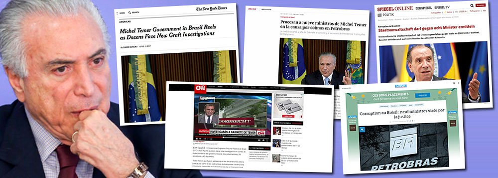 O governo de Michel Temer foi destaque nos principais veículos de comunicação internacionais após a divulgação da lista com 108 nomes que serão investigados no âmbito da Lava Jato no Supremo Tribunal Federal pelo ministro Edson Fachin; todos os jornais lembraram que a lista traz nove ministros de Temer, além dos presidentes das duas casas Legislativas e outras dezenas de políticos; segundo o Clarín, da Argentina, o governo brasileiro "viu a aparente calma dos últimos dias interrompida"; nos Estados Unidos, o The Washinton Post lembra que a lista atinge um terço da equipe de Temer e seus principais aliados, enquanto o The New York Times publica que novas acusações de corrupção fazem balançar o governo brasileiro; houve ainda repercussão na mídia do Canadá e da França, entre outros países (Foto: Gisele Federicce) O governo de Michel Temer foi destaque nos principais veículos de comunicação internacionais após a divulgação da lista com 108 nomes que serão investigados no âmbito da Lava Jato no Supremo Tribunal Federal pelo ministro Edson Fachin; todos os jornais lembraram que a lista traz nove ministros de Temer, além dos presidentes das duas casas Legislativas e outras dezenas de políticos; segundo o Clarín, da Argentina, o governo brasileiro "viu a aparente calma dos últimos dias interrompida"; nos Estados Unidos, o The Washinton Post lembra que a lista atinge um terço da equipe de Temer e seus principais aliados, enquanto o The New York Times publica que novas acusações de corrupção fazem balançar o governo brasileiro; houve ainda repercussão na mídia do Canadá e da França, entre outros países