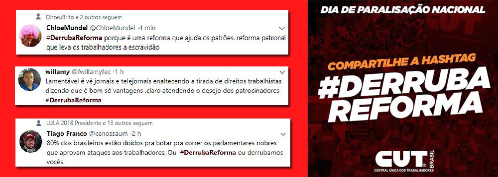 Além das mobilizações pelas ruas do país, os trabalhadores também se manifestam nas redes sociais contra as mudanças na legislação trabalhista que passam a valer a partir deste sábado (11).; na manhã desta sexta-feira (10) a hashtag #DerrubaReforma, que reivindica a revogação da 'reforma' trabalhista do governo Temer, foi um dos assuntos mais comentados do Twitter em São Paulo (Foto: Paulo Emílio) Além das mobilizações pelas ruas do país, os trabalhadores também se manifestam nas redes sociais contra as mudanças na legislação trabalhista que passam a valer a partir deste sábado (11).; na manhã desta sexta-feira (10) a hashtag #DerrubaReforma, que reivindica a revogação da 'reforma' trabalhista do governo Temer, foi um dos assuntos mais comentados do Twitter em São Paulo