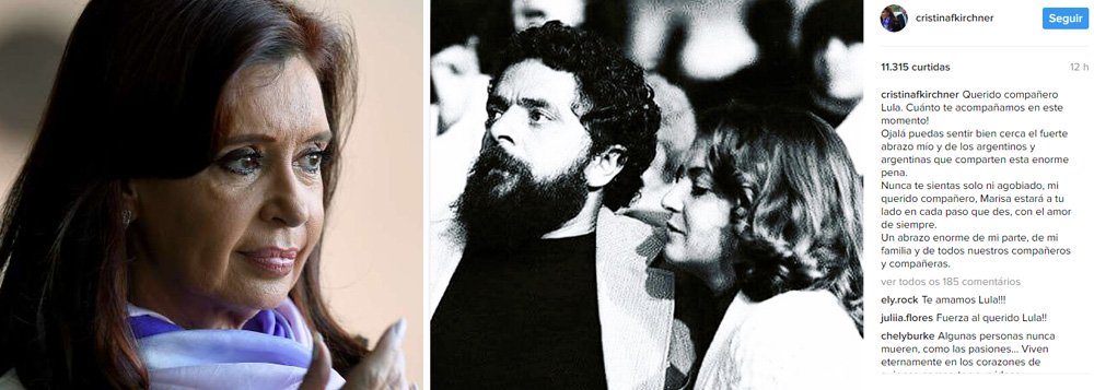 Ao publicar uma foto antiga do ex-presidente Lula com a ex-primeira-dama Marisa Letícia em sua conta no Instagram, a ex-presidente Cristina Kirchner disse que a Argentina partilha "esta pena enorme"; "Nunca se sinta sozinho ou oprimido, meu caro amigo, Marisa estará ao seu lado a cada passo que você dá, com amor sempre. Um grande abraço da minha família e todos os nossos colegas", escreveu Cristina (Foto: Aquiles Lins) Ao publicar uma foto antiga do ex-presidente Lula com a ex-primeira-dama Marisa Letícia em sua conta no Instagram, a ex-presidente Cristina Kirchner disse que a Argentina partilha "esta pena enorme"; "Nunca se sinta sozinho ou oprimido, meu caro amigo, Marisa estará ao seu lado a cada passo que você dá, com amor sempre. Um grande abraço da minha família e todos os nossos colegas", escreveu Cristina
