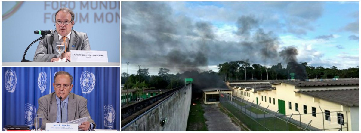 "O que aconteceu em Manaus não é um incidente isolado no Brasil e reflete a situação crônica dos centros de detenção no país. Portanto, nós instamos as autoridades brasileiras a tomarem medidas para prevenir essa violência e para proteger aqueles sob custódia", cobra comunicado do Alto Comissariado das Nações Unidas para os Direitos Humanos (ACNUDH) em Genebra, na Suíça, após o massacre que deixou ao todo 60 mortos em dois presídios de Manaus; a nota também destaca que "as autoridades do Estado têm responsabilidade sobre o que ocorre" com os presos e pede uma investigação "imediata, imparcial e efetiva" dos fatos; dois representantes da ONU sobre o tema, Amerigo Incalcaterra e Juan Méndez, vêm condenando as más condições das cadeias brasileiras nos últimos anos (Foto: Gisele Federicce) "O que aconteceu em Manaus não é um incidente isolado no Brasil e reflete a situação crônica dos centros de detenção no país. Portanto, nós instamos as autoridades brasileiras a tomarem medidas para prevenir essa violência e para proteger aqueles sob custódia", cobra comunicado do Alto Comissariado das Nações Unidas para os Direitos Humanos (ACNUDH) em Genebra, na Suíça, após o massacre que deixou ao todo 60 mortos em dois presídios de Manaus; a nota também destaca que "as autoridades do Estado têm responsabilidade sobre o que ocorre" com os presos e pede uma investigação "imediata, imparcial e efetiva" dos fatos; dois representantes da ONU sobre o tema, Amerigo Incalcaterra e Juan Méndez, vêm condenando as más condições das cadeias brasileiras nos últimos anos