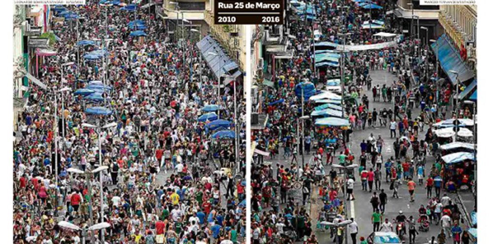 "Nenhum texto, reportagem ou análise econômica, pode ser tão expressivo do que se passa no Brasil que o par de fotos estampados hoje na capa do Estadão. Há na rua, menos da metade das pessoas que havia há seis anos, naquele 2010 do qual muita gente já esqueceu", diz o jornalista Fernando Brito sobre o retrato da crise econômica do País; "O cerne do projeto neoliberal é este: fazer 'desaparecer' uma parte da população. Que não vai à 25 de março, que não vai mais ao hospital, ou irá a um mais precário, como mais precária serão suas escolas, suas periferias, suas casas lá onde a elite não as vê" (Foto: Aquiles Lins) "Nenhum texto, reportagem ou análise econômica, pode ser tão expressivo do que se passa no Brasil que o par de fotos estampados hoje na capa do Estadão. Há na rua, menos da metade das pessoas que havia há seis anos, naquele 2010 do qual muita gente já esqueceu", diz o jornalista Fernando Brito sobre o retrato da crise econômica do País; "O cerne do projeto neoliberal é este: fazer 'desaparecer' uma parte da população. Que não vai à 25 de março, que não vai mais ao hospital, ou irá a um mais precário, como mais precária serão suas escolas, suas periferias, suas casas lá onde a elite não as vê"