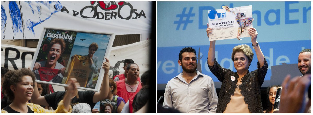 Em Buenos Aires, onde foi homenageada com o título de Doutora Honoris Causa da UMET (Universidade Metropolitana para a Educação e o Trabalho), nessa semana, Dilma declarou em entrevista ao portal de esquerda Página 12 que os "estados de exceção" parasitam a árvore da democracia e a correm; para ela, o Brasil vive nesse momento "uma democracia suspensa"; "Não é um 'estado de exceção' na democracia. São medidas de exceção que corroem a democracia. Que a suspendem. O Brasil tem uma democracia suspensa", analisa, citando como "exemplo máximo" disso a aprovação de seu impeachment sem crime de responsabilidade; a solução para a crise do País, em sua opinião: "eleições diretas já para presidente, com uma nova constituinte para solucionar o sistema político" (Foto: Gisele Federicce) Em Buenos Aires, onde foi homenageada com o título de Doutora Honoris Causa da UMET (Universidade Metropolitana para a Educação e o Trabalho), nessa semana, Dilma declarou em entrevista ao portal de esquerda Página 12 que os "estados de exceção" parasitam a árvore da democracia e a correm; para ela, o Brasil vive nesse momento "uma democracia suspensa"; "Não é um 'estado de exceção' na democracia. São medidas de exceção que corroem a democracia. Que a suspendem. O Brasil tem uma democracia suspensa", analisa, citando como "exemplo máximo" disso a aprovação de seu impeachment sem crime de responsabilidade; a solução para a crise do País, em sua opinião: "eleições diretas já para presidente, com uma nova constituinte para solucionar o sistema político"