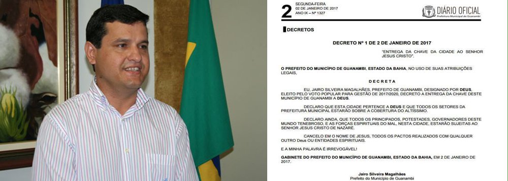 O primeiro ato de Jairo Magalhães (PSB) como prefeito de Guanambi foi entregar a chave da cidade a Deus; e ele oficializou a entrega por meio de seu primeiro decreto, publicado na edição de ontem (2) do Diário Oficial do Município; "Declaro que esta cidade pertence a Deus e que todos os setores da Prefeitura Municipal estarão sobre a cobertura do Altíssimo", diz o decreto; o prefeito afirma ainda que "todas as forças espirituais do mal nesta cidade estarão sujeitas ao senhor Jesus Cristo de Nazaré" (Foto: Romulo Faro) O primeiro ato de Jairo Magalhães (PSB) como prefeito de Guanambi foi entregar a chave da cidade a Deus; e ele oficializou a entrega por meio de seu primeiro decreto, publicado na edição de ontem (2) do Diário Oficial do Município; "Declaro que esta cidade pertence a Deus e que todos os setores da Prefeitura Municipal estarão sobre a cobertura do Altíssimo", diz o decreto; o prefeito afirma ainda que "todas as forças espirituais do mal nesta cidade estarão sujeitas ao senhor Jesus Cristo de Nazaré"