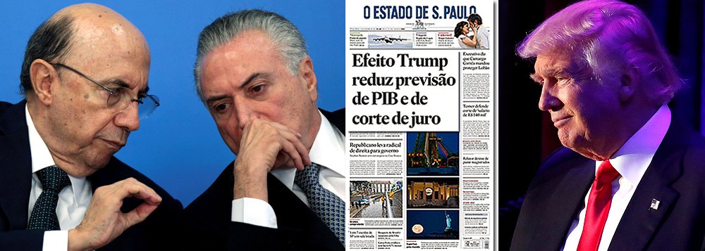 Arruinada pelo golpe parlamentar de 2016, a economia brasileira encontrou agora um bode expiatório para sua incapacidade de reagir: Donald Trump; pelo menos é essa a versão dos meios de comunicação que se associaram a esse processo; na manchete do Estado de S. Paulo desta terça-feira, "informa-se" que, em razão do "efeito Trump", o crescimento será ainda menor em 2017 – em vez de 1,20%, apenas 1,13%; ou seja: uma diferença de gigantescos!!! 0,07 pontos; há mais de seis meses no poder, a dupla Temer-Meirelles piorou quase todos os indicadores econômicos e ainda não indiciou um caminho para a retomada do crescimento (Foto: Leonardo Attuch) Arruinada pelo golpe parlamentar de 2016, a economia brasileira encontrou agora um bode expiatório para sua incapacidade de reagir: Donald Trump; pelo menos é essa a versão dos meios de comunicação que se associaram a esse processo; na manchete do Estado de S. Paulo desta terça-feira, "informa-se" que, em razão do "efeito Trump", o crescimento será ainda menor em 2017 – em vez de 1,20%, apenas 1,13%; ou seja: uma diferença de gigantescos!!! 0,07 pontos; há mais de seis meses no poder, a dupla Temer-Meirelles piorou quase todos os indicadores econômicos e ainda não indiciou um caminho para a retomada do crescimento