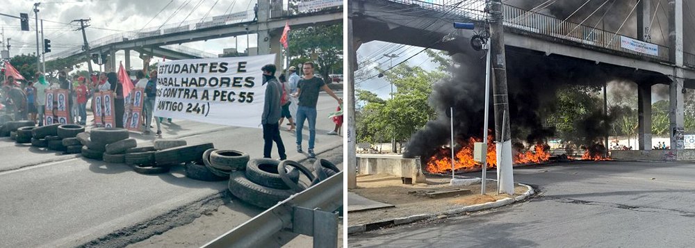 Estudantes que ocupam a Reitoria da Universidade Federal de Alagoas, em Maceió, organizaram um novo ato contra a Proposta de Emenda à Constituição (PEC) 55, que tramita no Senado Federal e que, se aprovada, poderá congelar os gastos do governo federal pelos próximos 20 anos; eles fecharam a BR-104 nos dois sentidos; ação também faz parte do Dia Nacional de Greve (Foto: Voney Malta) Estudantes que ocupam a Reitoria da Universidade Federal de Alagoas, em Maceió, organizaram um novo ato contra a Proposta de Emenda à Constituição (PEC) 55, que tramita no Senado Federal e que, se aprovada, poderá congelar os gastos do governo federal pelos próximos 20 anos; eles fecharam a BR-104 nos dois sentidos; ação também faz parte do Dia Nacional de Greve