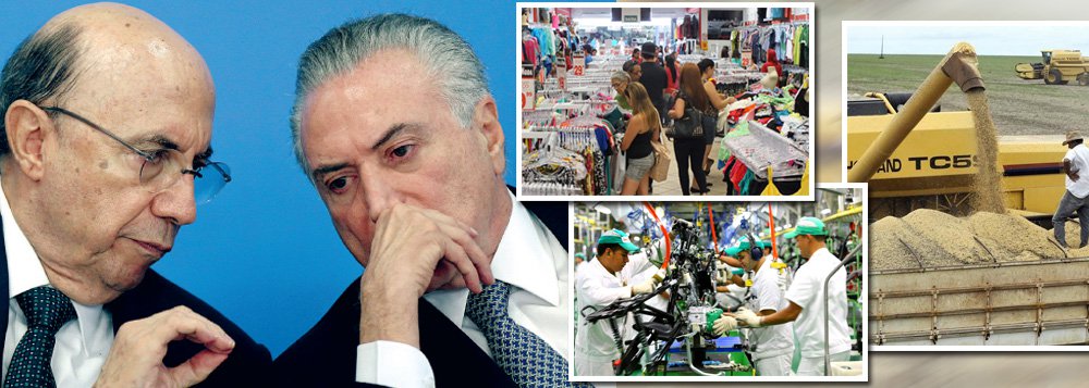 Dados do PIB do terceiro trimestre deste ano, divulgados nesta quarta-feira, confirmam que a dupla Michel Temer e Henrique Meirelles, que prometia resgatar a confiança, aprofundou a recessão; os dois também conseguiram a proeza de derrubar todos os setores da economia: agropecuária (-1,4%), indústria (-1,3%) e serviços (-0,6%); com isso, o PIB do trimestre caiu 0,8% em relação ao segundo trimestre do ano; na comparação com o terceiro trimestre do ano passado, a contração foi ainda maior, de 2,9%, a décima seguida, o que comprova o altíssimo custo do golpe para a sociedade brasileira (Foto: Leonardo Attuch) Dados do PIB do terceiro trimestre deste ano, divulgados nesta quarta-feira, confirmam que a dupla Michel Temer e Henrique Meirelles, que prometia resgatar a confiança, aprofundou a recessão; os dois também conseguiram a proeza de derrubar todos os setores da economia: agropecuária (-1,4%), indústria (-1,3%) e serviços (-0,6%); com isso, o PIB do trimestre caiu 0,8% em relação ao segundo trimestre do ano; na comparação com o terceiro trimestre do ano passado, a contração foi ainda maior, de 2,9%, a décima seguida, o que comprova o altíssimo custo do golpe para a sociedade brasileira