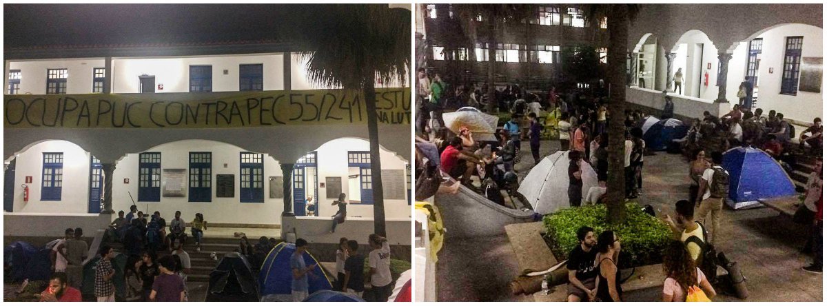 Os estudantes da Pontifícia Universidade Católica de Minas Gerais (PUC-Minas), em Belo Horizonte, estão ocupando a universidade desde a última quinta-feira (3) em protesto contra a PEC 241/55; essa é a primeira universidade particular do Brasil a participar do movimento; segundo a UNE, há 167 universidades ocupadas no Brasil; ocupação da PUC-MG é apoiada pela reitoria e pela CNBB (Foto: Gisele Federicce) Os estudantes da Pontifícia Universidade Católica de Minas Gerais (PUC-Minas), em Belo Horizonte, estão ocupando a universidade desde a última quinta-feira (3) em protesto contra a PEC 241/55; essa é a primeira universidade particular do Brasil a participar do movimento; segundo a UNE, há 167 universidades ocupadas no Brasil; ocupação da PUC-MG é apoiada pela reitoria e pela CNBB