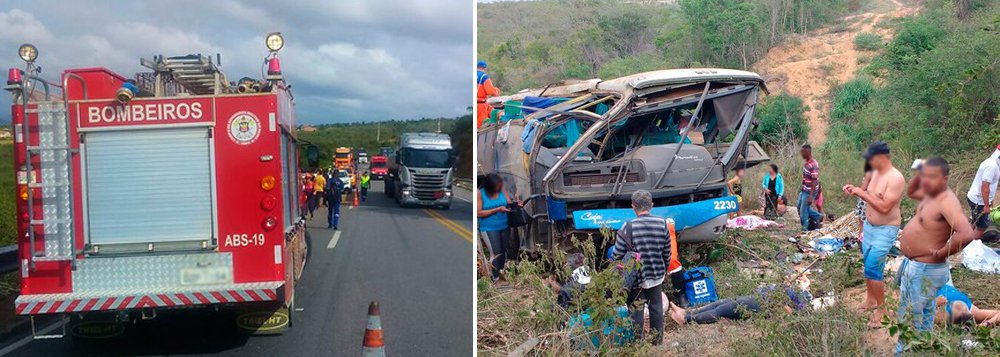 Seis pessoas morreram nesta quinta-feira num acidente com um ônibus de turismo na BR-116, próximo a Poções, no centro-sul da Bahia; segundo a Polícia Rodoviária Federal, 50 pessoas viajavam no ônibus que saiu de Arco Verde, em Pernambuco, em direção a São Paulo; por volta das 5h, o veículo saiu da pista e capotou às margens da rodovia (Foto: Romulo Faro) Seis pessoas morreram nesta quinta-feira num acidente com um ônibus de turismo na BR-116, próximo a Poções, no centro-sul da Bahia; segundo a Polícia Rodoviária Federal, 50 pessoas viajavam no ônibus que saiu de Arco Verde, em Pernambuco, em direção a São Paulo; por volta das 5h, o veículo saiu da pista e capotou às margens da rodovia