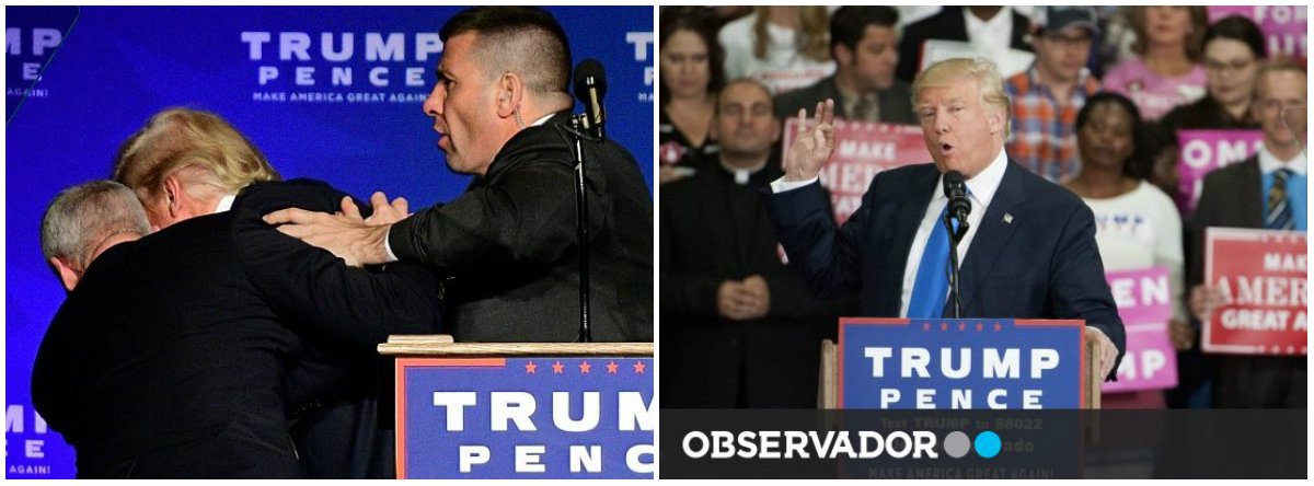 Candidato republicano à presidência dos EUA foi tirado às pressas do palco de um comício por agentes de segurança durante um discurso em Reno, Nevada, na noite desse sábado 5, por suspeita de que haveria um atentado contra ele; a multidão também saiu da sala em pânico; relatos dizem que pelo menos uma pessoa foi escoltada para fora do edifício pela polícia; assista ao vídeo (Foto: Gisele Federicce) Candidato republicano à presidência dos EUA foi tirado às pressas do palco de um comício por agentes de segurança durante um discurso em Reno, Nevada, na noite desse sábado 5, por suspeita de que haveria um atentado contra ele; a multidão também saiu da sala em pânico; relatos dizem que pelo menos uma pessoa foi escoltada para fora do edifício pela polícia; assista ao vídeo