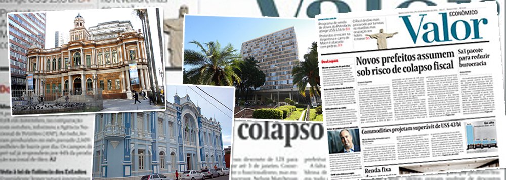 O caos econômico provocado por forças políticas interessadas em criar um clima de "quanto pior melhor" para permitir a derrubada de Dilma Rousseff acabou vitimando também as finanças municipais, como mostra manchete de hoje do jornal Valor Econômico; várias cidades já se encontram em colapso fiscal ou estão muito próximas disso; crise atingiu sobretudo os prefeitos de médias e grandes cidades que assumem o mandato neste domingo; falta de recursos em "caixa" é problema de quase metade dos prefeitos em todo o país: 47,3% deixarão restos a pagar para seus sucessores; das prefeituras, 15% relataram que vão atrasar o pagamento do salário de dezembro; crise é agravada pela falta de recursos federais para custear programas sociais (Foto: Felipe L. Goncalves) O caos econômico provocado por forças políticas interessadas em criar um clima de "quanto pior melhor" para permitir a derrubada de Dilma Rousseff acabou vitimando também as finanças municipais, como mostra manchete de hoje do jornal Valor Econômico; várias cidades já se encontram em colapso fiscal ou estão muito próximas disso; crise atingiu sobretudo os prefeitos de médias e grandes cidades que assumem o mandato neste domingo; falta de recursos em "caixa" é problema de quase metade dos prefeitos em todo o país: 47,3% deixarão restos a pagar para seus sucessores; das prefeituras, 15% relataram que vão atrasar o pagamento do salário de dezembro; crise é agravada pela falta de recursos federais para custear programas sociais