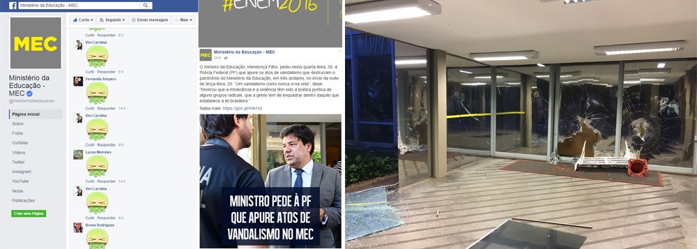 A página oficial do Ministério da Educação no Facebook vem sendo alvo de um grande protesto em forma de "vomitaço" desde a última quarta-feira 30; usuários não poupam nem postagens referentes a programas como Enem e a oferta de cursos técnicos; ao longo desta semana, a pressão popular contra o MEC tem aumentado; na terça, um grupo de manifestantes ocupou a sede do órgão em Brasília pedindo a saída de Michel Temer (Foto: Gisele Federicce) A página oficial do Ministério da Educação no Facebook vem sendo alvo de um grande protesto em forma de "vomitaço" desde a última quarta-feira 30; usuários não poupam nem postagens referentes a programas como Enem e a oferta de cursos técnicos; ao longo desta semana, a pressão popular contra o MEC tem aumentado; na terça, um grupo de manifestantes ocupou a sede do órgão em Brasília pedindo a saída de Michel Temer