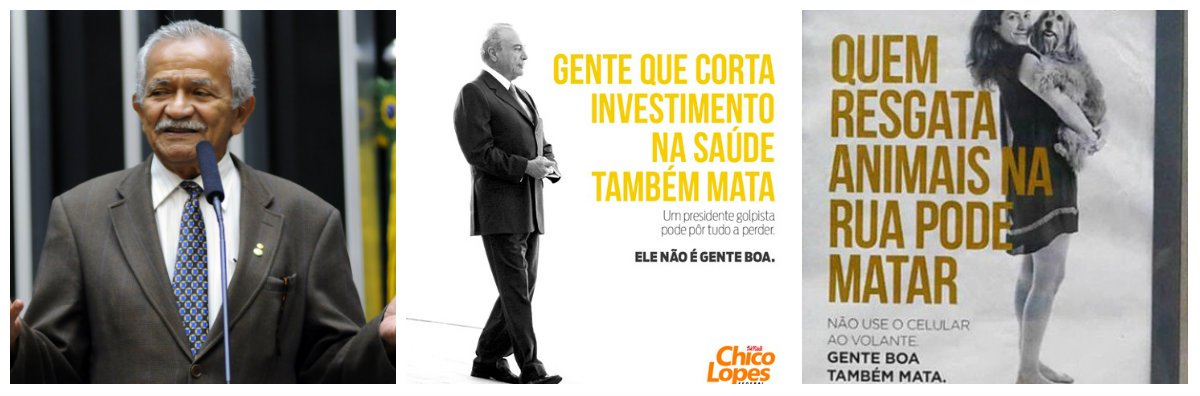 O deputado federal Chico Lopes usou as redes sociais para também criticar a campanha do Governo Federal, patrocinada pelo Ministério dos Transportes, "Gente boa também mata". Usando o tema da campanha, o deputado denuncia o corte de investimentos na saúde. A campanha tem recebido muitas críticas de internautas. Na página do Ministério dos Transportes, no Facebook, a campanha já recebeu mais de 1,2 mil comentários com críticas (Foto: Fatima 247) O deputado federal Chico Lopes usou as redes sociais para também criticar a campanha do Governo Federal, patrocinada pelo Ministério dos Transportes, "Gente boa também mata". Usando o tema da campanha, o deputado denuncia o corte de investimentos na saúde. A campanha tem recebido muitas críticas de internautas. Na página do Ministério dos Transportes, no Facebook, a campanha já recebeu mais de 1,2 mil comentários com críticas
