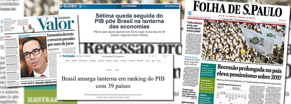Responsável direta pelo golpe parlamentar de 2016, hoje denunciado como "encenação" até pelo ex-presidente do Supremo Tribunal Federal Joaquim Barbosa, a mídia brasileira se dá conta de que esse processo arruinou a economia brasileira; no Valor, "a economia derrete"; no Estado e no Globo, o Brasil se torna lanterninha no mundo; na Folha, 2017 passa a ser um ano perdido; a quebra do Brasil foi construída em várias etapas: em 2014, ano da disputa eleitoral, a ordem era dizer que tudo ia mal, quando o País tinha pleno emprego; 2015 foi o ano do 'quanto pior, melhor', que visava criar as condições para o golpe; neste ano, com Michel Temer e Henrique Meirelles há mais de seis meses no poder, a recessão se aprofunda diante da incapacidade da dupla de apontar qualquer saída (Foto: Leonardo Attuch) Responsável direta pelo golpe parlamentar de 2016, hoje denunciado como "encenação" até pelo ex-presidente do Supremo Tribunal Federal Joaquim Barbosa, a mídia brasileira se dá conta de que esse processo arruinou a economia brasileira; no Valor, "a economia derrete"; no Estado e no Globo, o Brasil se torna lanterninha no mundo; na Folha, 2017 passa a ser um ano perdido; a quebra do Brasil foi construída em várias etapas: em 2014, ano da disputa eleitoral, a ordem era dizer que tudo ia mal, quando o País tinha pleno emprego; 2015 foi o ano do 'quanto pior, melhor', que visava criar as condições para o golpe; neste ano, com Michel Temer e Henrique Meirelles há mais de seis meses no poder, a recessão se aprofunda diante da incapacidade da dupla de apontar qualquer saída