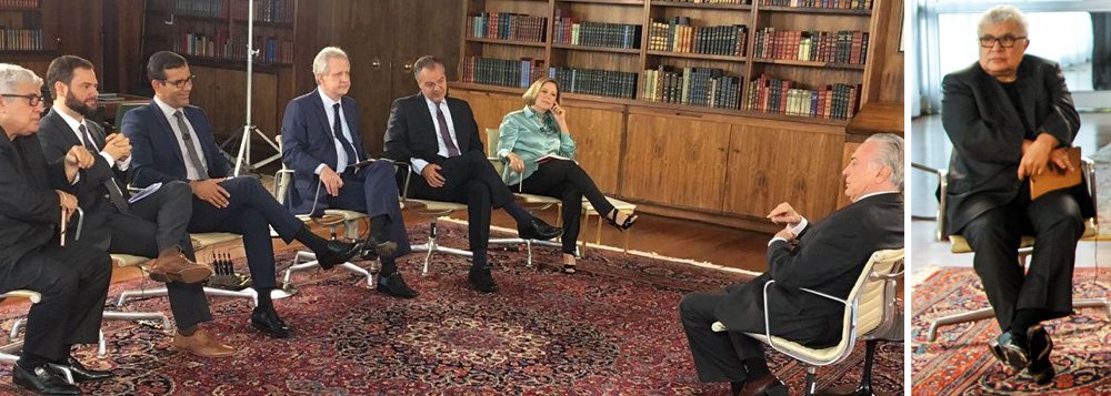 Da entrevista do presidente Michel Temer ao Roda Viva, o sociólogo Igor Silva, em texto no Jornalistas Livres, destaca a pergunta feita pelo colunista Ricardo Noblat, do Globo: "Temer, como você conheceu a Marcela?"; "Um jornalista que, em tese, se diz sério, em momento delicado de nossa democracia, pergunta como o presidente conheceu a sua atual esposa", critica; "Então, por mais palavras que existam, nada vai resumir melhor a entrevista de Temer no Roda Viva do que a pergunta de Noblat: como você conheceu a Marcela? Temos que ter fé, mas infelizmente está cada vez mais difícil" (Foto: Aquiles Lins) Da entrevista do presidente Michel Temer ao Roda Viva, o sociólogo Igor Silva, em texto no Jornalistas Livres, destaca a pergunta feita pelo colunista Ricardo Noblat, do Globo: "Temer, como você conheceu a Marcela?"; "Um jornalista que, em tese, se diz sério, em momento delicado de nossa democracia, pergunta como o presidente conheceu a sua atual esposa", critica; "Então, por mais palavras que existam, nada vai resumir melhor a entrevista de Temer no Roda Viva do que a pergunta de Noblat: como você conheceu a Marcela? Temos que ter fé, mas infelizmente está cada vez mais difícil"