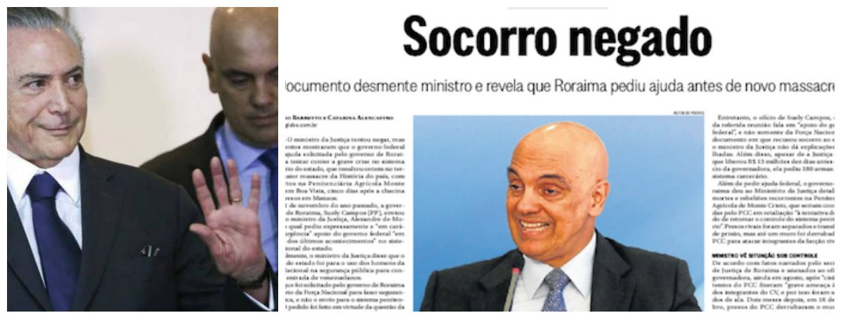 Grupo Globo, que colocou e mantém Michel Temer no poder, por meio do golpe parlamentar de 2016, agora mira seus canhões na direção do ministro da Justiça, Alexandre de Moraes; reportagem deste sábado do jornal O Globo o coloca como mentiroso e o critica por ter negado o socorro pedido pelo governo de Roraima, antes do massacre de ontem, que matou 31 presidiários – muitos deles decapitados; Globo já exigiu de Temer que demitisse alguns de seus ministros, como Romero Jucá e Geddel Vieira Lima, e Moraes pode vir a ser o próximo; pressionado, ele apresentou um plano de segurança que prevê a construção de cinco novos presídios federais e outros 27 nos estados (Foto: Leonardo Attuch) Grupo Globo, que colocou e mantém Michel Temer no poder, por meio do golpe parlamentar de 2016, agora mira seus canhões na direção do ministro da Justiça, Alexandre de Moraes; reportagem deste sábado do jornal O Globo o coloca como mentiroso e o critica por ter negado o socorro pedido pelo governo de Roraima, antes do massacre de ontem, que matou 31 presidiários – muitos deles decapitados; Globo já exigiu de Temer que demitisse alguns de seus ministros, como Romero Jucá e Geddel Vieira Lima, e Moraes pode vir a ser o próximo; pressionado, ele apresentou um plano de segurança que prevê a construção de cinco novos presídios federais e outros 27 nos estados