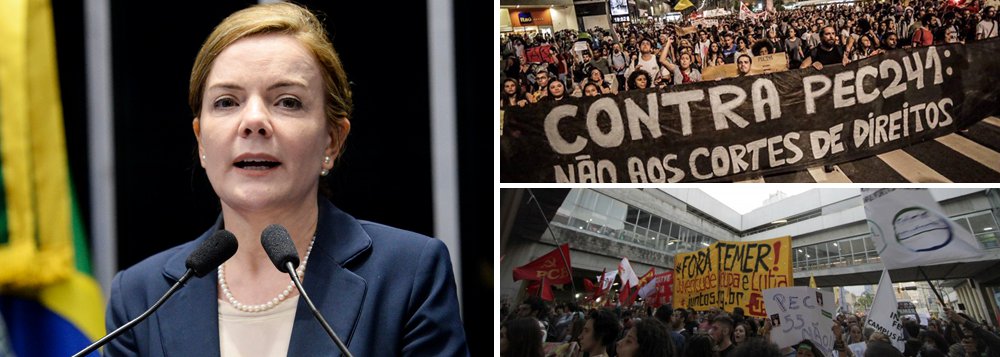 "Como se sabe, o governo tem muita pressa em aprovar a PEC 55, tanto que bloqueou o debate na Câmara dos Deputados, onde ela foi aprovada à revelia da sociedade e sem a mínima discussão. Agora, as lideranças do governo golpista agem para que o mesmo ocorra no Senado", alerta a senadora Gleisi Hoffmann (PT-PR); "Para o andar de cima, a PEC 55 não existe. Vai sobrar para o aposentado, para o dependente do SUS, para o pai que tem filho em escola pública e para os extremamente pobres que dependem do amparo do Estado. É por isso que eles têm medo do referendo, medo de enfrentar o debate popular", afirma Gleisi; ele pede que o governo Temer "respeite a soberania popular"; "O povo tem que se manifestar sobre quem vai pagar a conta desse ajuste fiscal", ressalta (Foto: Gleisi Hoffmann) "Como se sabe, o governo tem muita pressa em aprovar a PEC 55, tanto que bloqueou o debate na Câmara dos Deputados, onde ela foi aprovada à revelia da sociedade e sem a mínima discussão. Agora, as lideranças do governo golpista agem para que o mesmo ocorra no Senado", alerta a senadora Gleisi Hoffmann (PT-PR); "Para o andar de cima, a PEC 55 não existe. Vai sobrar para o aposentado, para o dependente do SUS, para o pai que tem filho em escola pública e para os extremamente pobres que dependem do amparo do Estado. É por isso que eles têm medo do referendo, medo de enfrentar o debate popular", afirma Gleisi; ele pede que o governo Temer "respeite a soberania popular"; "O povo tem que se manifestar sobre quem vai pagar a conta desse ajuste fiscal", ressalta