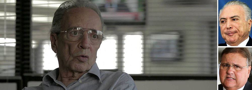 "Michel Temer está chafurdado na manobra de Geddel, a quem buscou servir em autêntica advocacia administrativa em nível presidencial. Corrupção, nada menos", diz o colunista Janio de Freitas; "Se Dilma foi processada por crime de responsabilidade, como quiseram os derrotados nas urnas, Michel Temer é passível de processo, no mínimo, por crime de irresponsabilidade. É o que explica a pressa de Aécio Neves e Fernando Henrique para cobri-lo com uma falsa inocência", ironiza Janio; ele afirma ainda que ficou claro o que o Palácio do Planalto exigia de Marcelo Calero: a ilegalidade de uma licença incabível, para não "criar dificuldades" ao gabinete e, portanto, ao próprio Michel (Foto: Leonardo Attuch) "Michel Temer está chafurdado na manobra de Geddel, a quem buscou servir em autêntica advocacia administrativa em nível presidencial. Corrupção, nada menos", diz o colunista Janio de Freitas; "Se Dilma foi processada por crime de responsabilidade, como quiseram os derrotados nas urnas, Michel Temer é passível de processo, no mínimo, por crime de irresponsabilidade. É o que explica a pressa de Aécio Neves e Fernando Henrique para cobri-lo com uma falsa inocência", ironiza Janio; ele afirma ainda que ficou claro o que o Palácio do Planalto exigia de Marcelo Calero: a ilegalidade de uma licença incabível, para não "criar dificuldades" ao gabinete e, portanto, ao próprio Michel