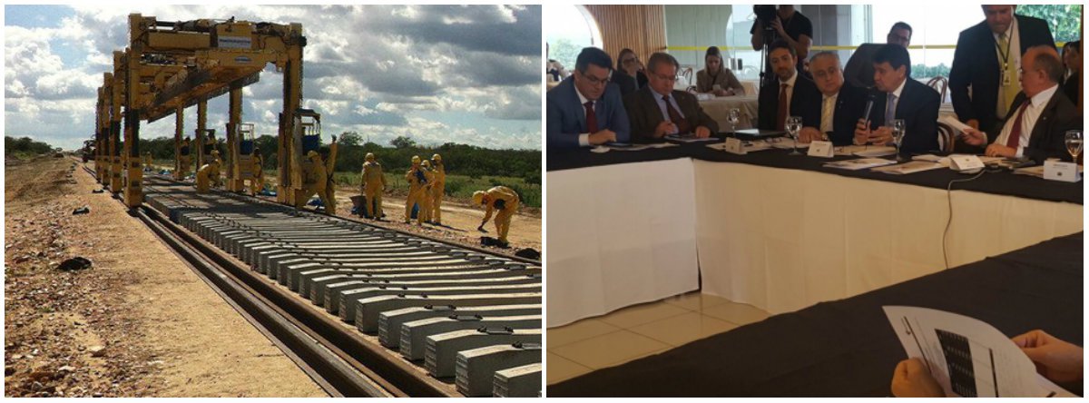 O governador Wellington Dias, e os governadores do Ceará, Camilo Sobreira, e de Pernambuco, Paulo Câmara, reuniram-se com deputados e senadores para construir um alinhamento sobre a conclusão da Ferrovia Transnordestina; a ideia é que, inicialmente, sejam liberados R$ 150 milhões, para a continuidade das obras nos trechos dos três estados; pelo cronograma, até 2019 o trecho que interligará os três estados ao porto de Pecém (CE) será concluída; “A perspectiva é que logo em seguida a Transnordestina se torne uma ferrovia integrada com o porto de Suape (PE) e com as regiões Norte e Sul”, pontuou Dias; as obras tinham um orçamento inicial de R$ 4,5 bilhões; a concessionária Transnordestina Logística (TLSA) estimou o valor final em R$ 11,2 bilhões (Foto: Leonardo Lucena) O governador Wellington Dias, e os governadores do Ceará, Camilo Sobreira, e de Pernambuco, Paulo Câmara, reuniram-se com deputados e senadores para construir um alinhamento sobre a conclusão da Ferrovia Transnordestina; a ideia é que, inicialmente, sejam liberados R$ 150 milhões, para a continuidade das obras nos trechos dos três estados; pelo cronograma, até 2019 o trecho que interligará os três estados ao porto de Pecém (CE) será concluída; “A perspectiva é que logo em seguida a Transnordestina se torne uma ferrovia integrada com o porto de Suape (PE) e com as regiões Norte e Sul”, pontuou Dias; as obras tinham um orçamento inicial de R$ 4,5 bilhões; a concessionária Transnordestina Logística (TLSA) estimou o valor final em R$ 11,2 bilhões
