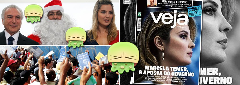 Alguém no Palácio do Planalto teve uma "idéia genial" para tentar levantar a popularidade de Michel Temer, rejeitado por pelo menos 77% dos brasileiros, neste fim de ano: explorar a imagem "princesa Disney" de Marcela, junto ao povão; esta é a capa de Veja deste fim de ano em que o Brasil termina com a maior taxa de desemprego da história, que é consequência direta do golpe que levou Temer ao poder; capa de Veja gerou uma onda de vomitaços nas redes sociais, até mesmo entre os leitores de Veja (Foto: Leonardo Attuch) Alguém no Palácio do Planalto teve uma "idéia genial" para tentar levantar a popularidade de Michel Temer, rejeitado por pelo menos 77% dos brasileiros, neste fim de ano: explorar a imagem "princesa Disney" de Marcela, junto ao povão; esta é a capa de Veja deste fim de ano em que o Brasil termina com a maior taxa de desemprego da história, que é consequência direta do golpe que levou Temer ao poder; capa de Veja gerou uma onda de vomitaços nas redes sociais, até mesmo entre os leitores de Veja